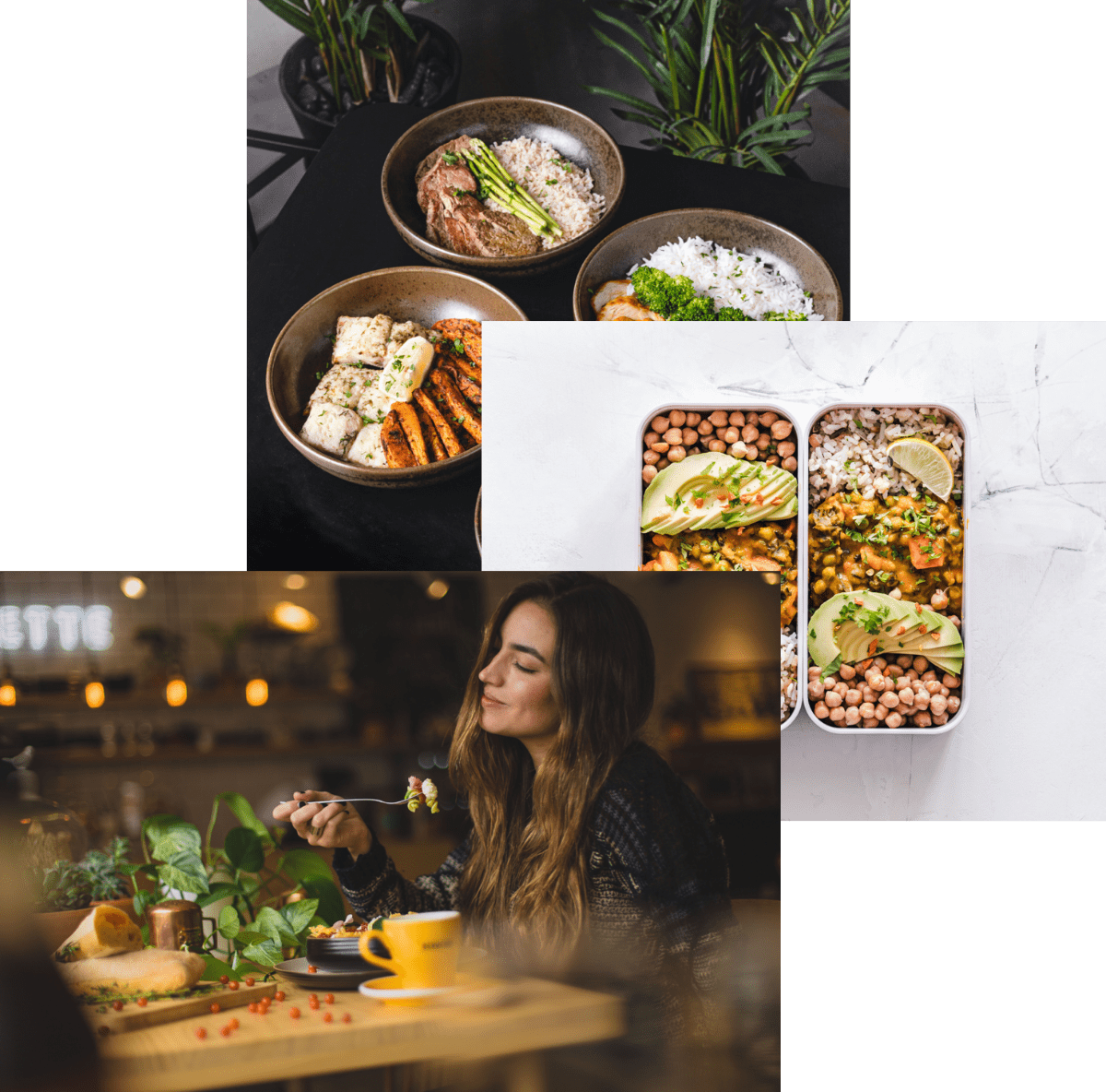 woman enjoying food, meals in storage
      container, and food bowls on the table